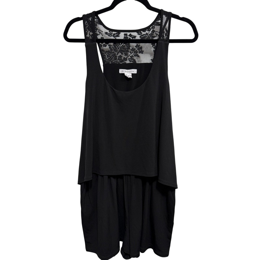 BCBGeneration Womens Black Layered Lace Back Sleeveless Romper Size‎ L RN80734